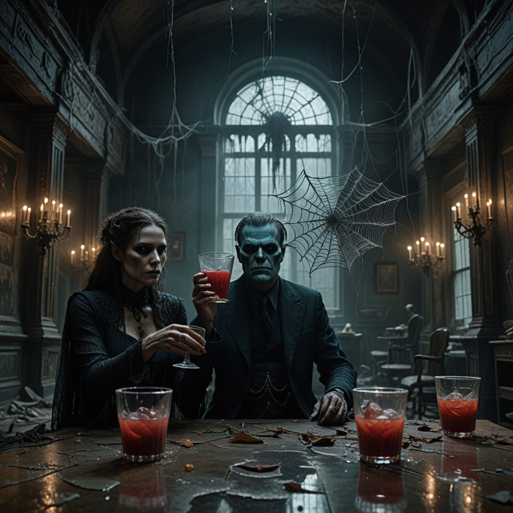 Poltergeist Highschool Reunion. Poltergeists, male and female, floating around in the decrepit gymnasium awkwardly sipping red punch from cl...