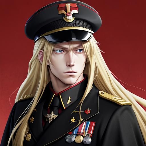 blonde long hair guy with a black militar uniform and red ca...