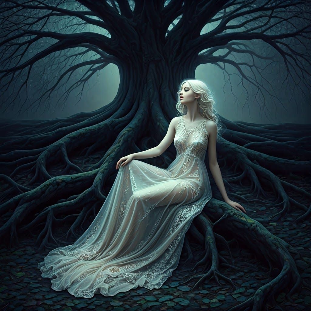 a woman with a pale complexion and a transparent dress, lyin...