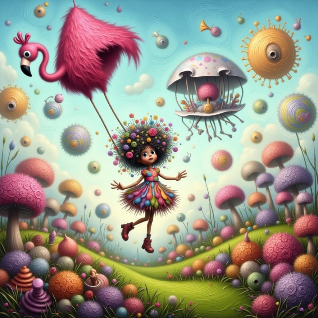 A whimsical scene in Wonderland, where a young girl flies a vibrant, oversized kite shaped like a flamingo. She wears a ...