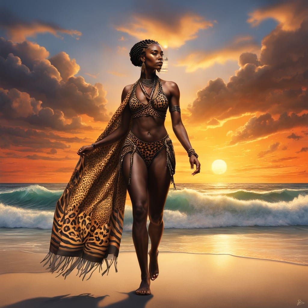 Sunset Beach Goddess in Picasso-Inspired Airbrush Art