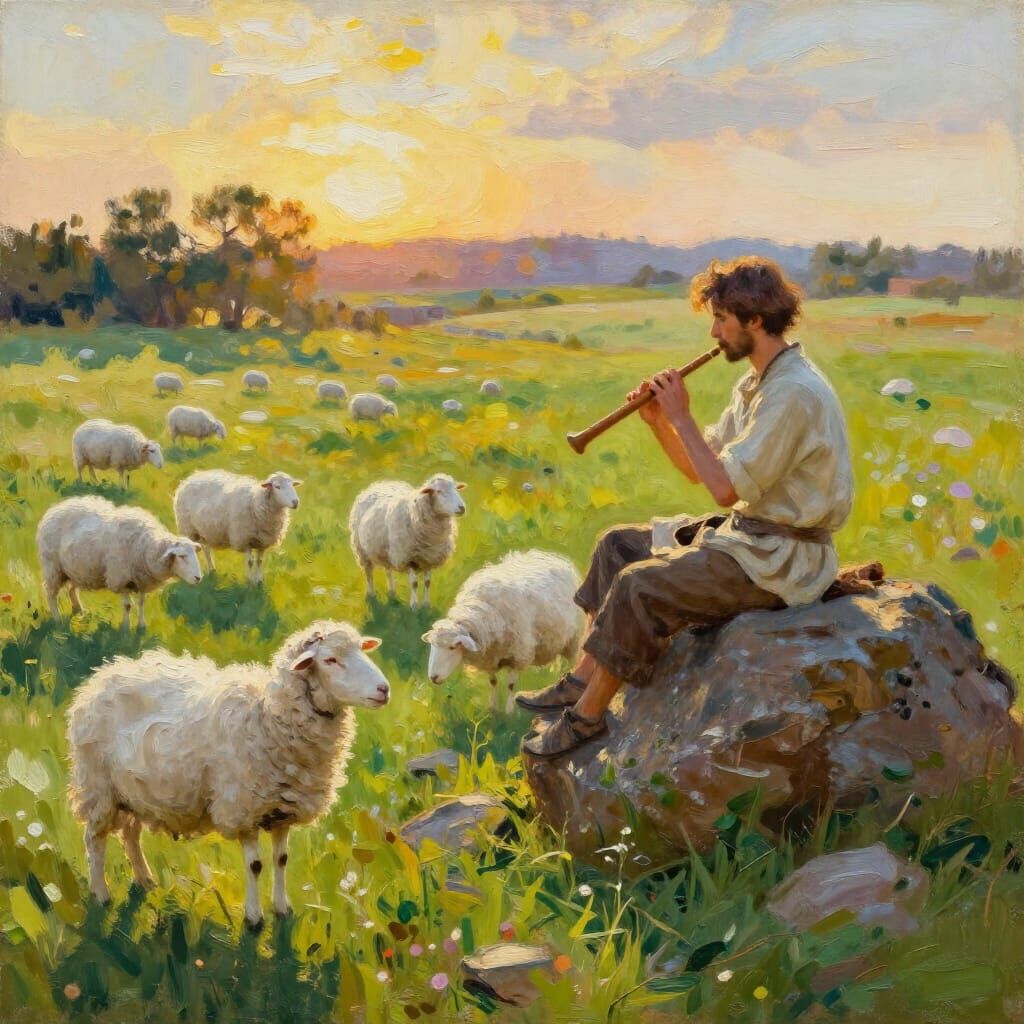 Shepherd Plays Flute in Golden Hour Pastoral Scene