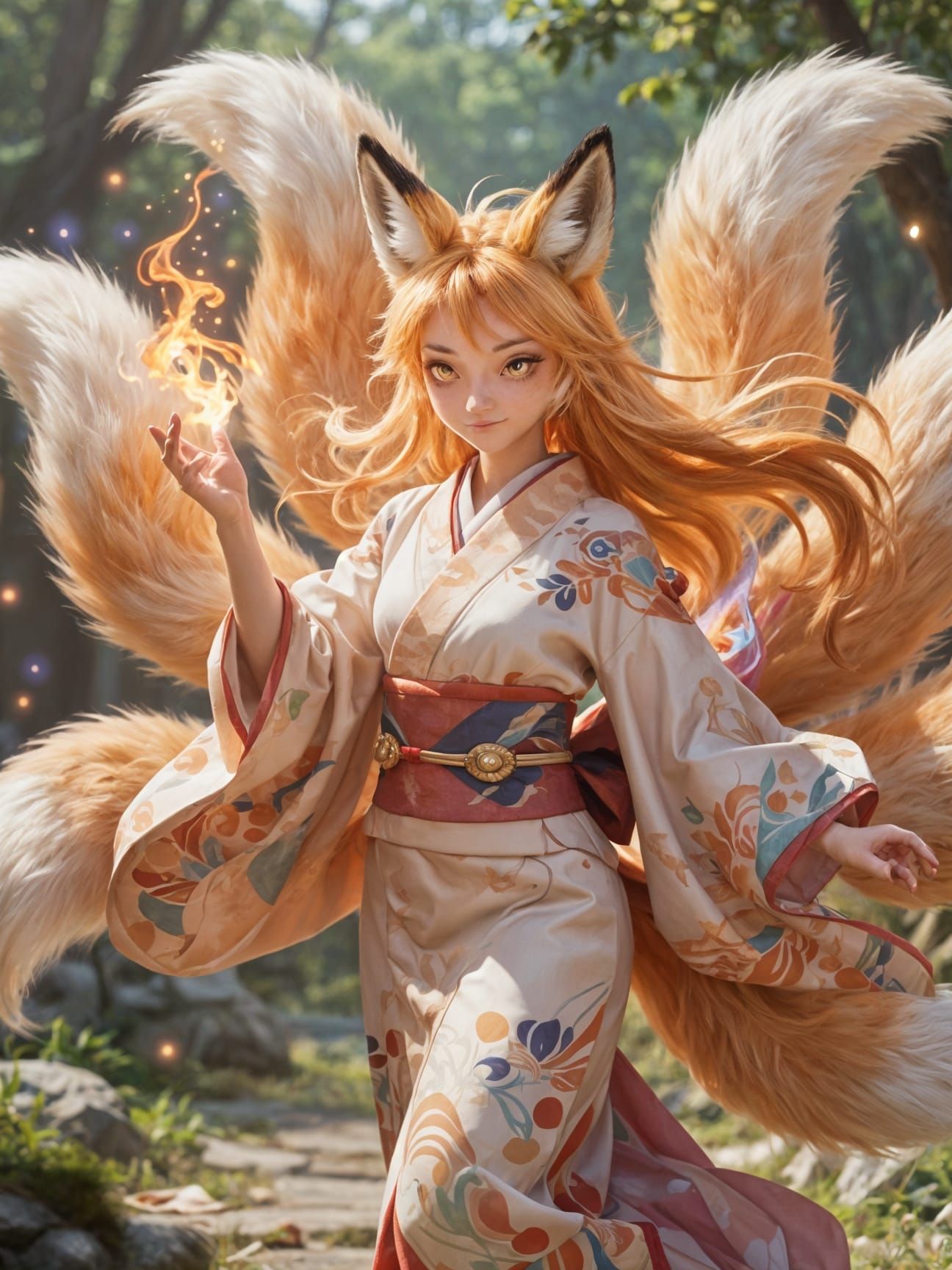 Beautiful female anime kitsune with elegant fox features  by @EHACKMANN 