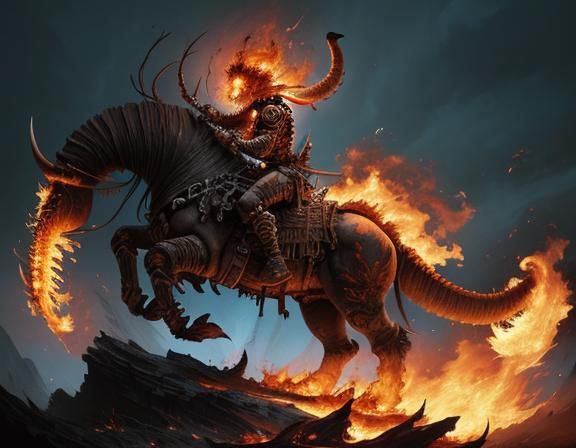 Extremely detailed skeleton warrior riding atop giant colossal mammoth ...