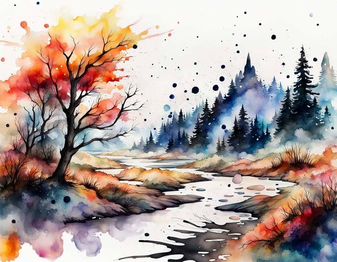 Ink splatter watercolor landscape art, 8k, intricate, highly detailed, beautiful   by @Summerchild