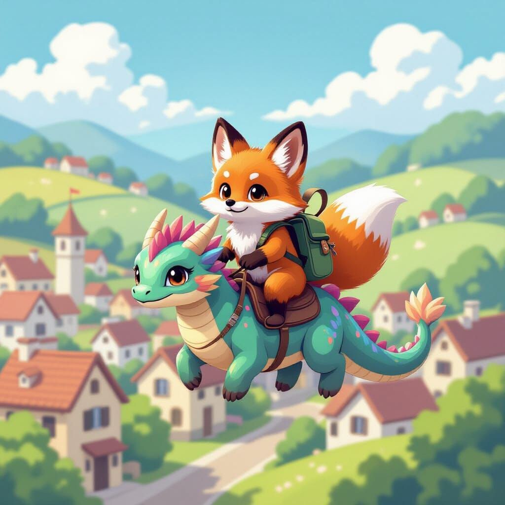 Fox Riding Dragon Over Charming Town in Anime Style