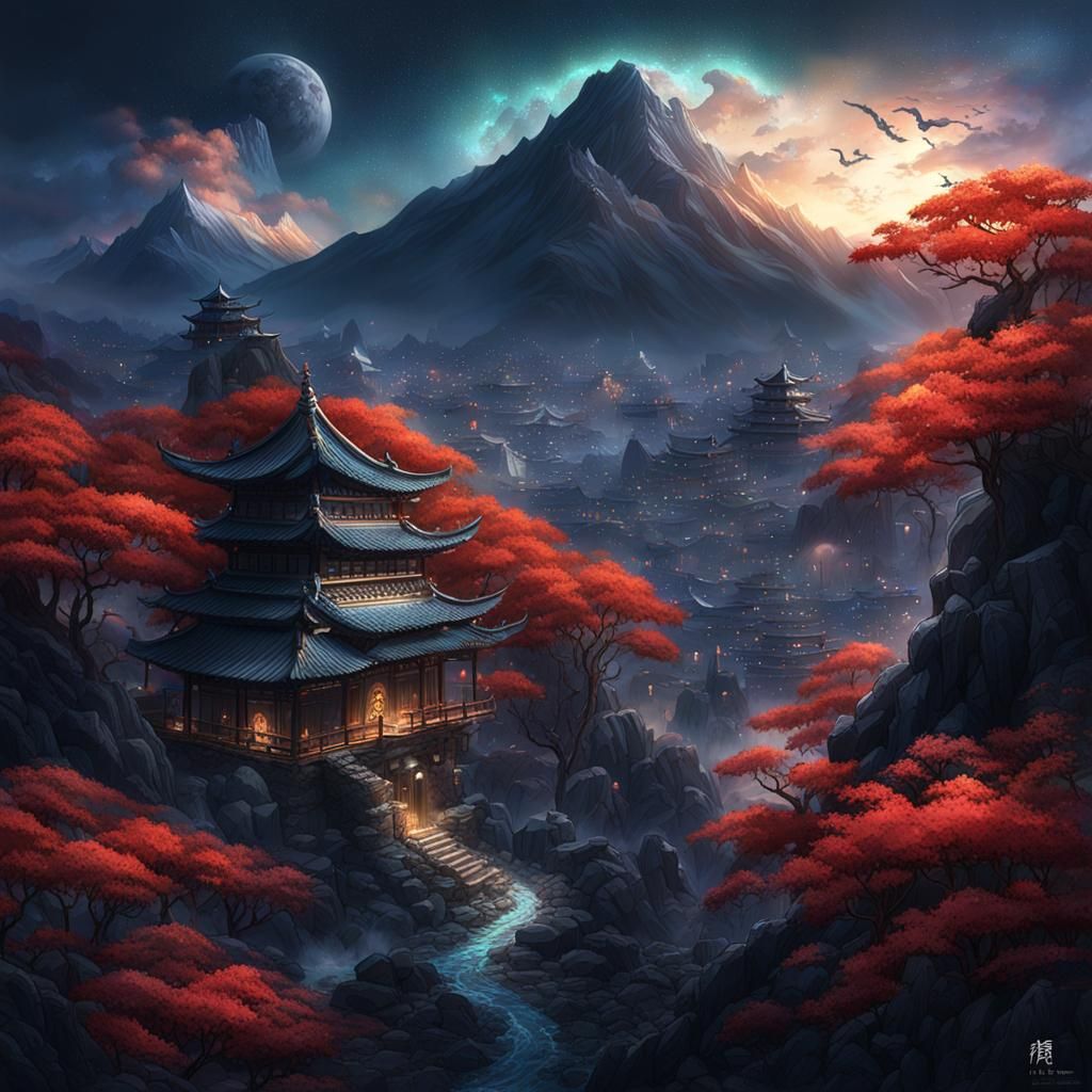 Tranquil Mountain Scene at Night: Detailed Matte Painting