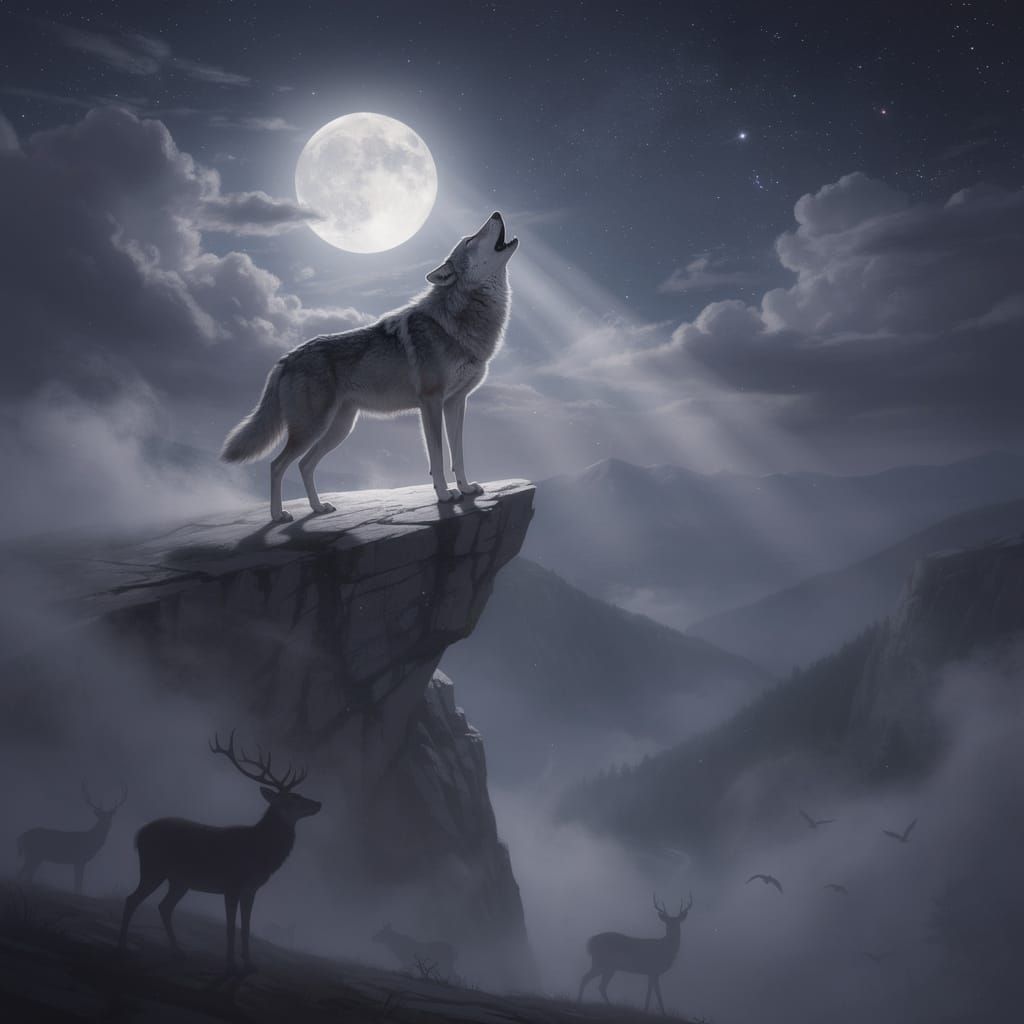 A lone wolf howling at the full moon, standing on the edge of a jagged cliff at night. Foreground shows faint silhouettes of other wildlife,...