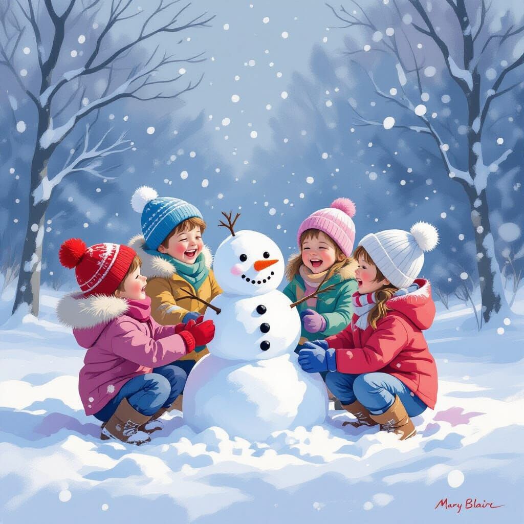 Children Building Snowman in Gentle Winter Snow