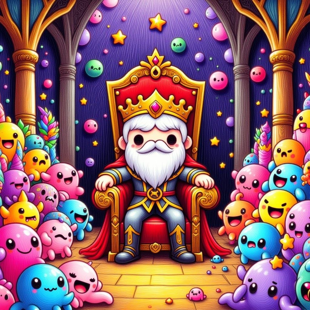 <lora:StoryFlux:1.0>cartoon , chibi king in a throne ,     castle hall ,  colorful   castle hall ,   cluttred with slimes