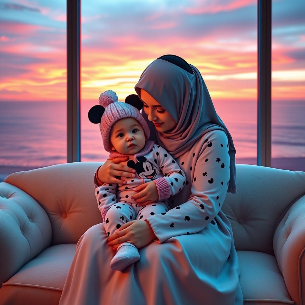 Mother and Daughter Embrace in Whimsical Sunrise Dreamscape