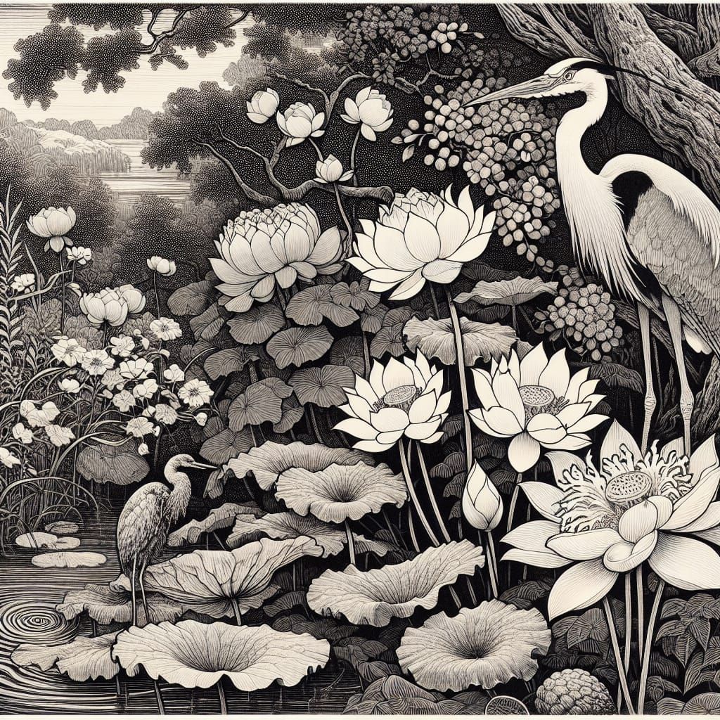 Water Plants Landscape with Birds