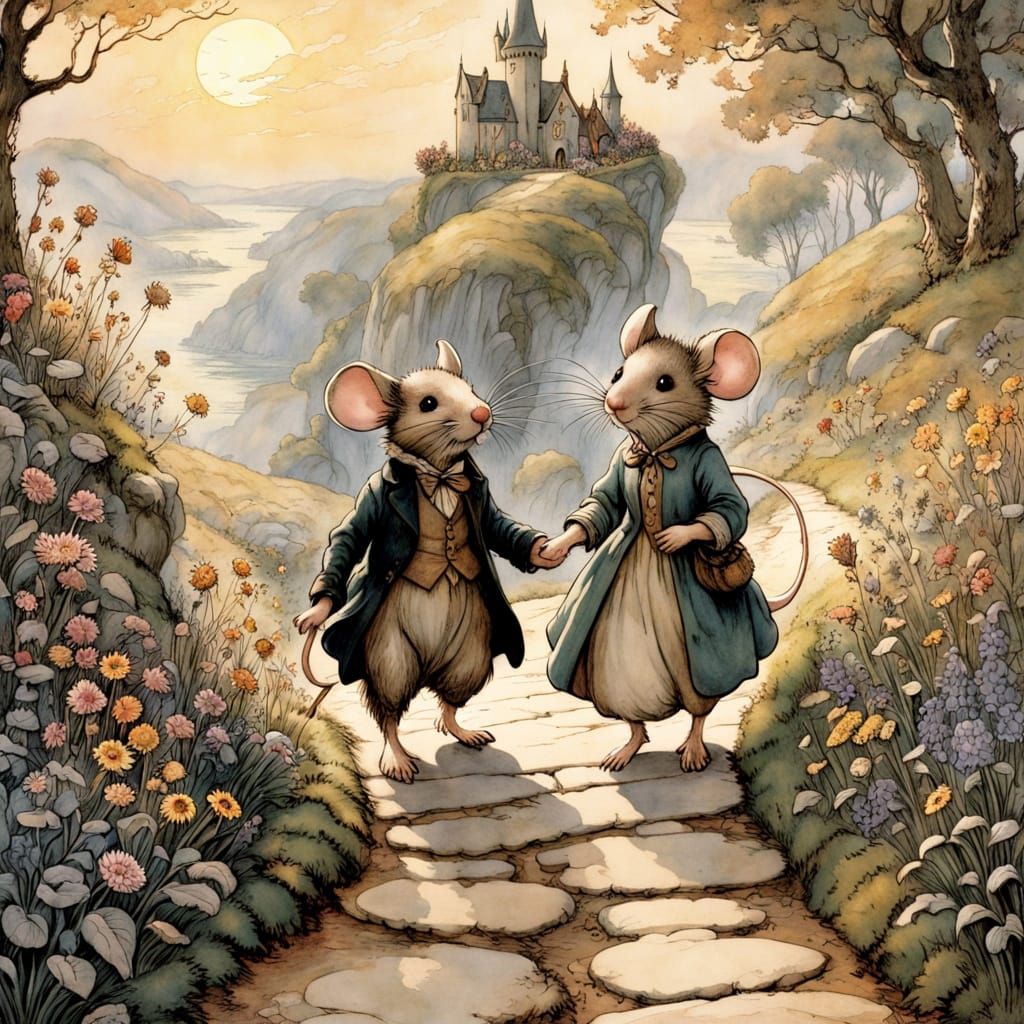 A male and female mouse holding hands, skipping down a stone path on a hill.  by @undefined
