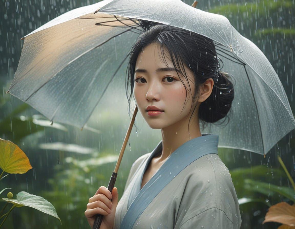 Serene Woman in Rainy Landscape with Watercolor Texture