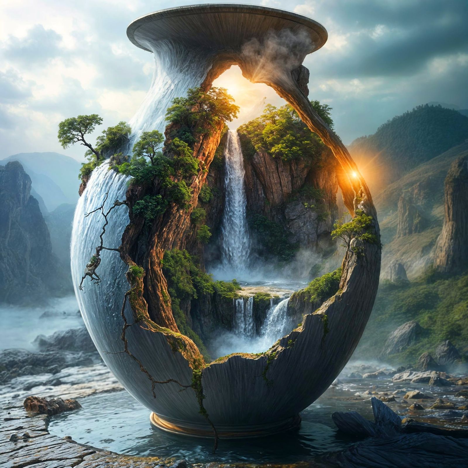 A stunning, hyperdetailed landscape with a high, steaming waterfall emerges from a cracked, antique porcelain ...