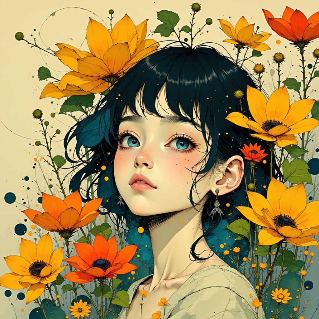 Eurasian Goddess Emerges from Vibrant Wildflowers in Delicat...