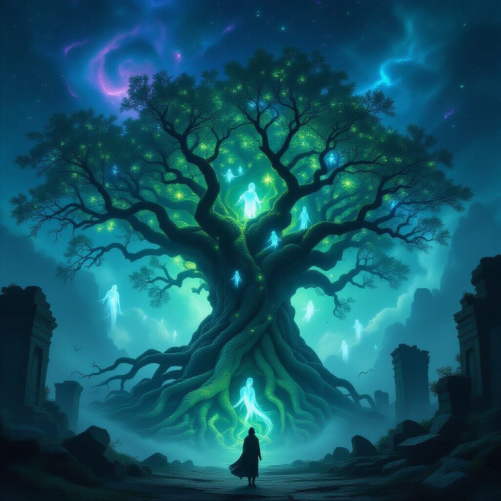 Ancient Bioluminescent Tree Amidst Ruins Under Nebula Sky