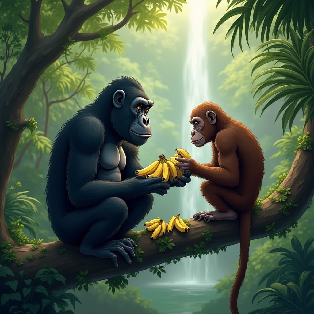  gorilla eating bananas with a 
monkey and there siting on a tree with a water fall in the backround
