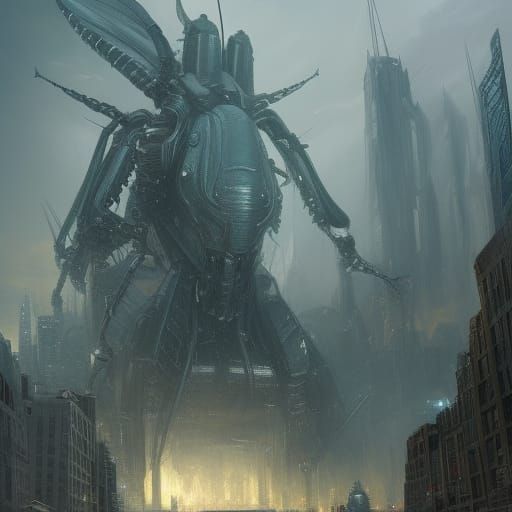 Massive, metallic beetle monolith standing guard over city o...