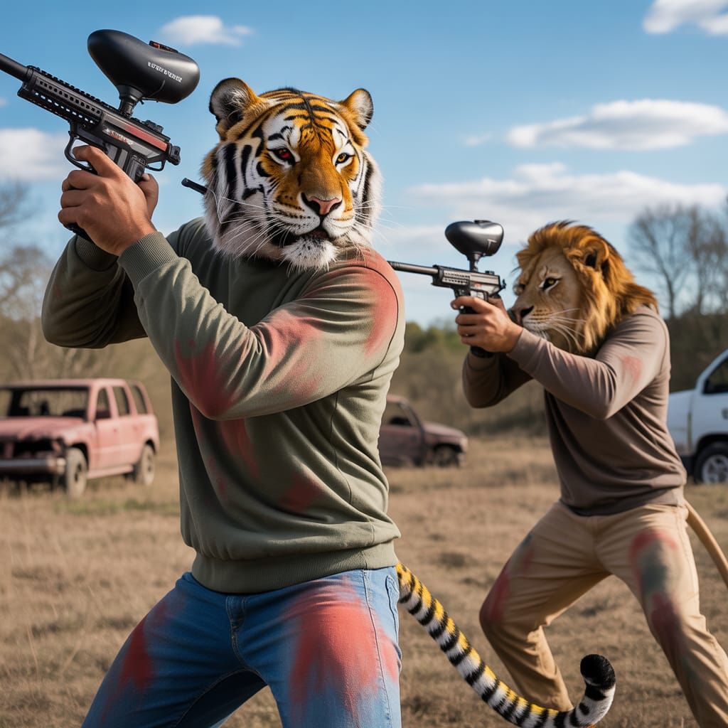 Anthropomorphic Tiger and Lion Paintball Fight