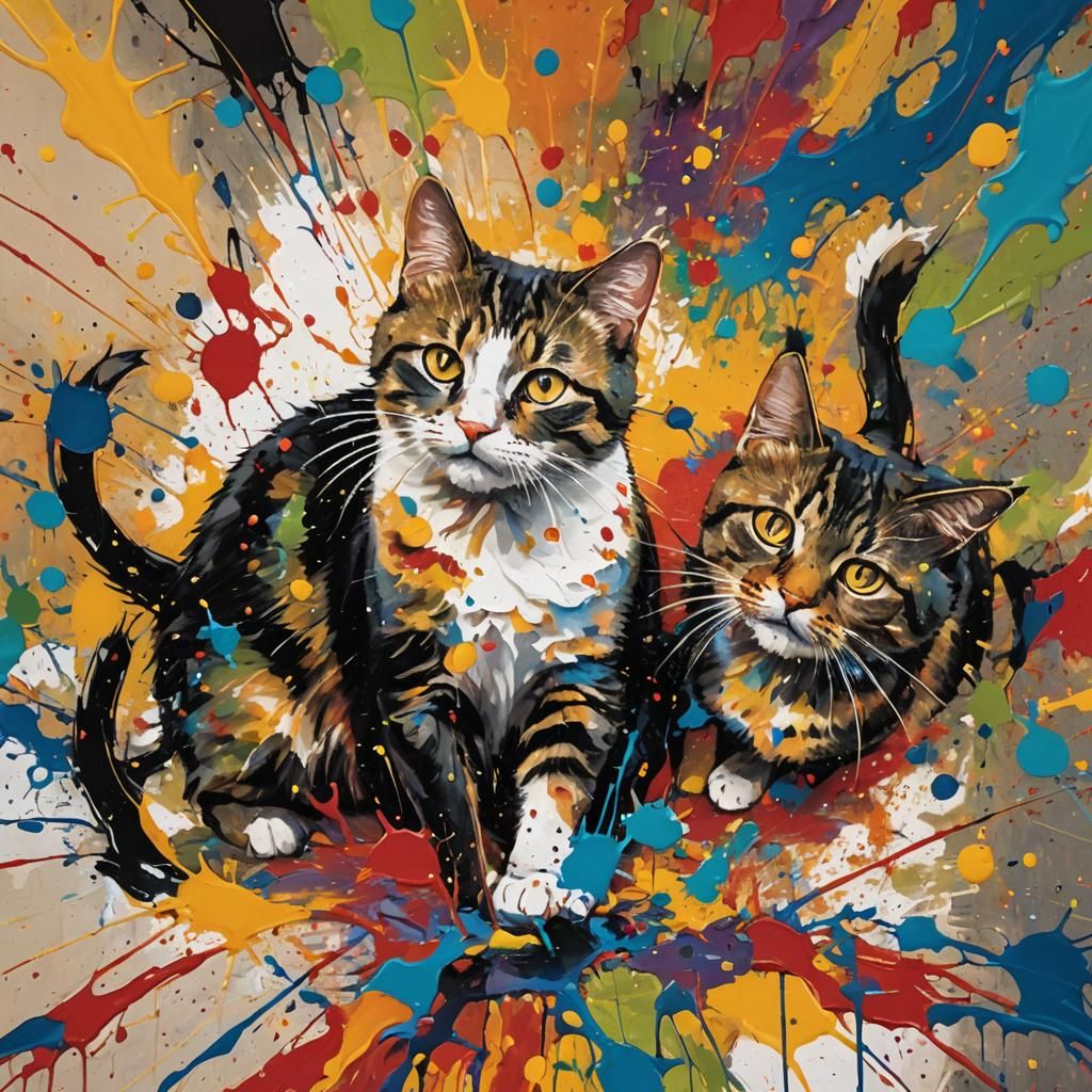 Verfspatten op een mooi abstract schilderij, katten  by @helleke