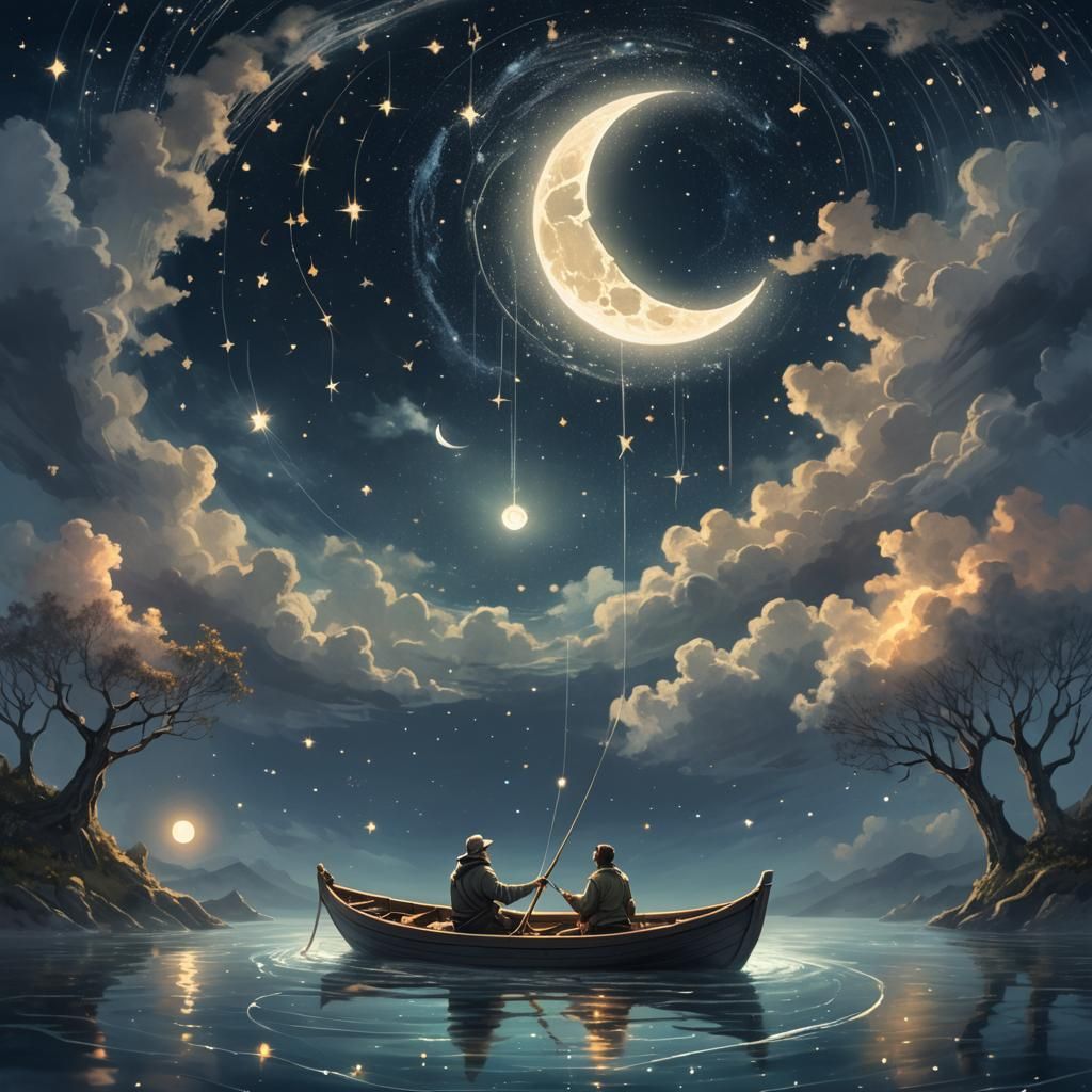 fishing for stars with the man in the moon hyperdetailed  fantastical fantasycore  dreamcore 8K 3D  by @CanTSLeePCreW