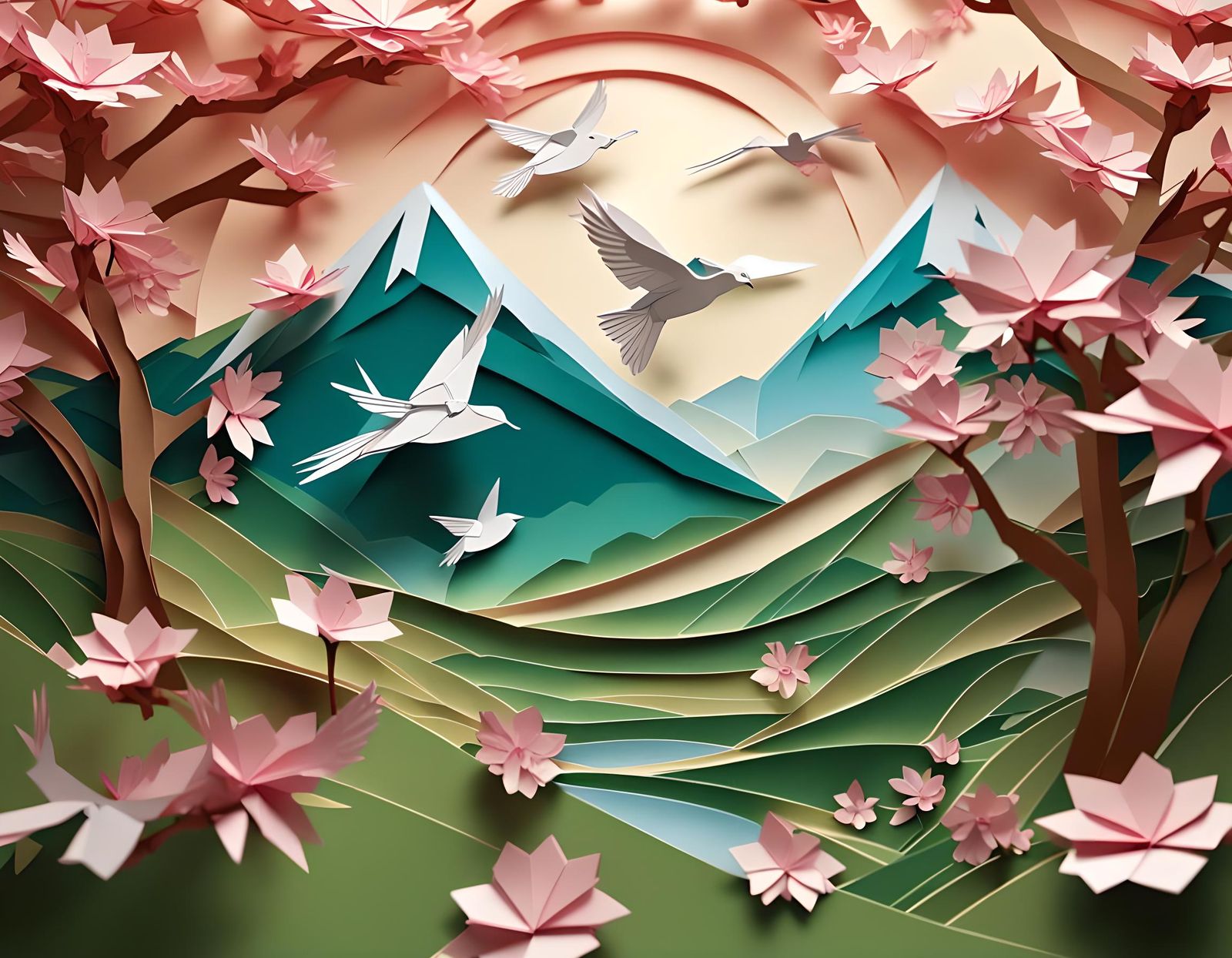A cherry tree with flowers and birds flying around. Kirigami