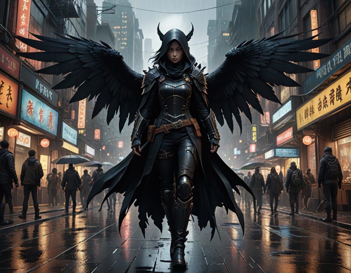 A female shadow assassin, with massive black wings 1