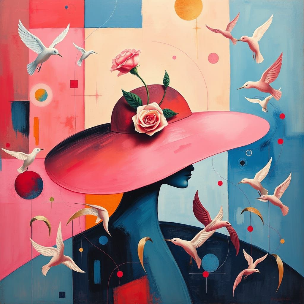an abstract of a large brimmed hat, a rose, abstract  geomet...