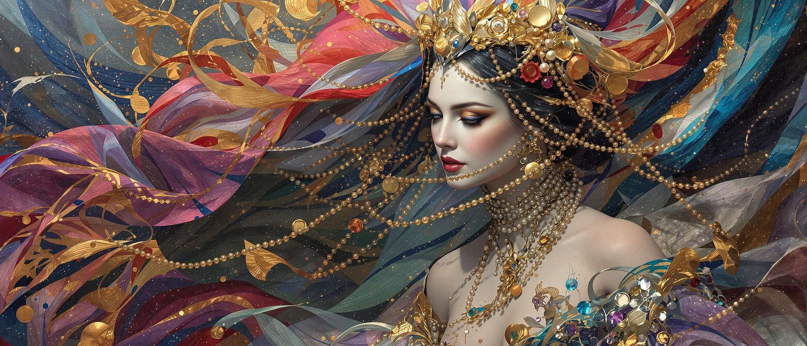 Mountain goddess, intricately detailed and gorgeous fabrics, fairytale gown, and 30 strands of pearls, ...  by @Dame B