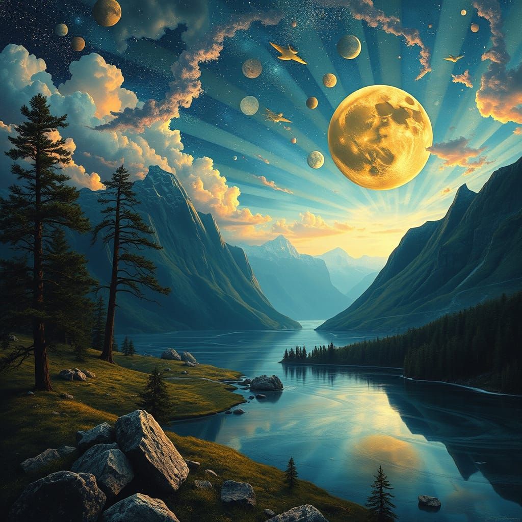 Transform the background into a vast, star-filled night sky with glowing auroras, and change the architecture to an ethereal city of shimmer...