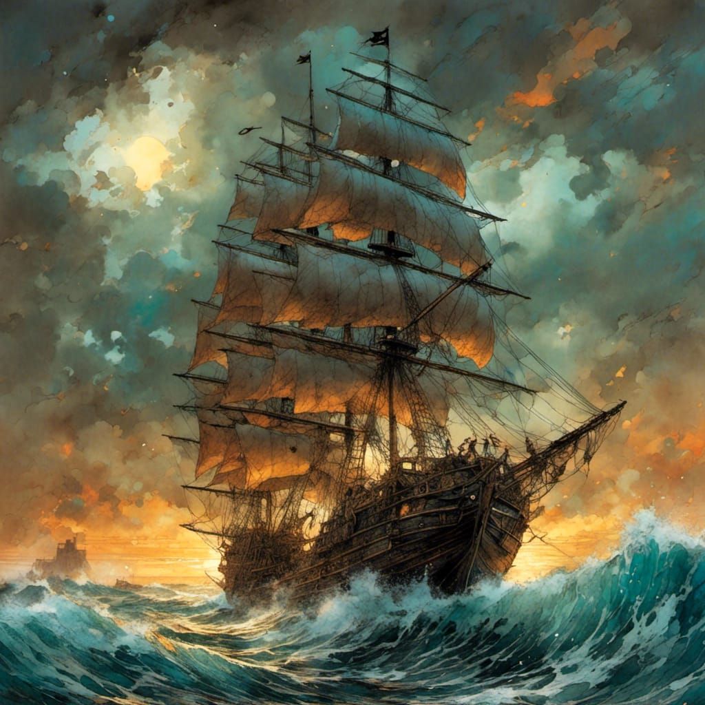 Pirate ship, stormy seas <lora:Inked:1.0> 