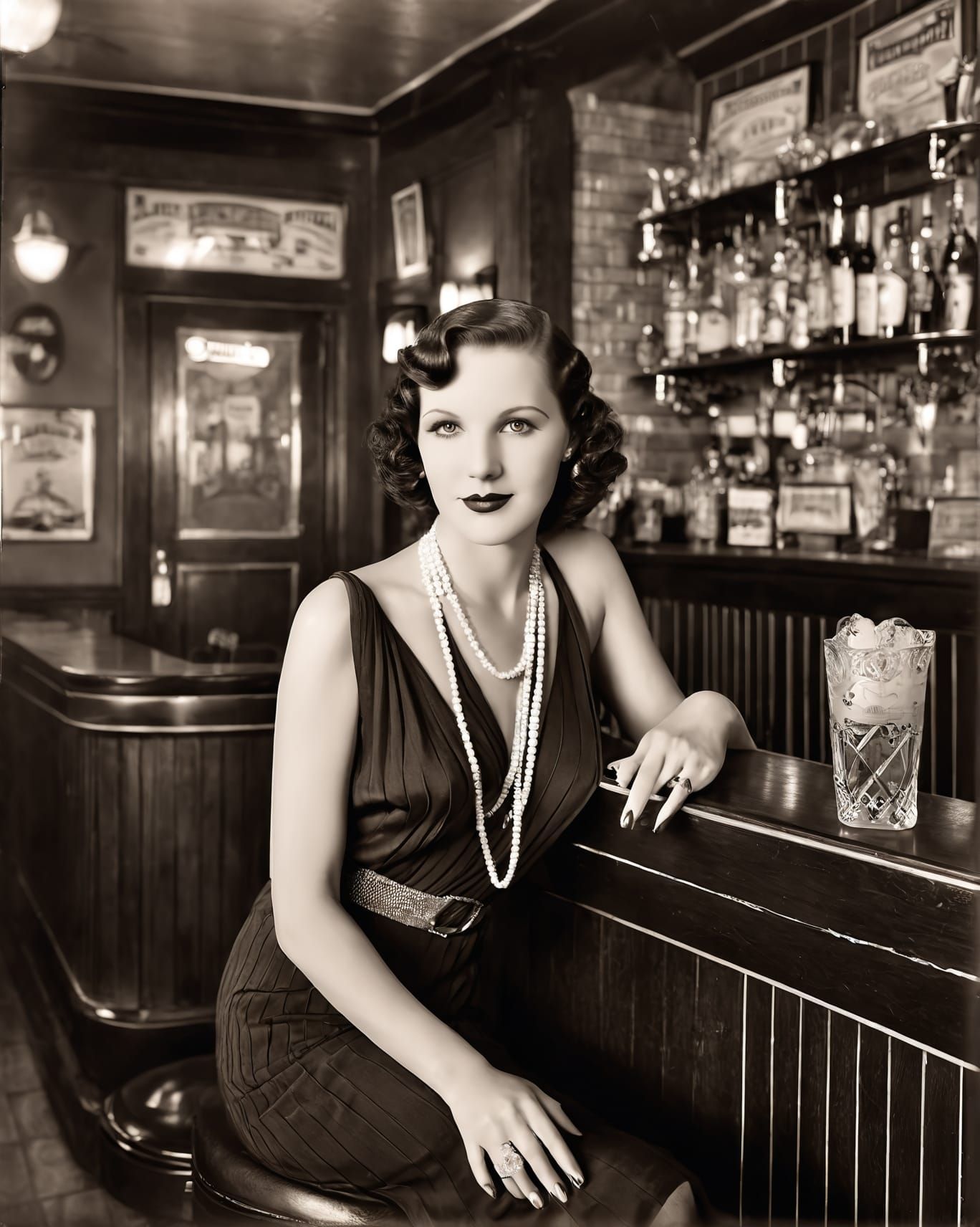 an attractive woman sitting in a 1930s bar