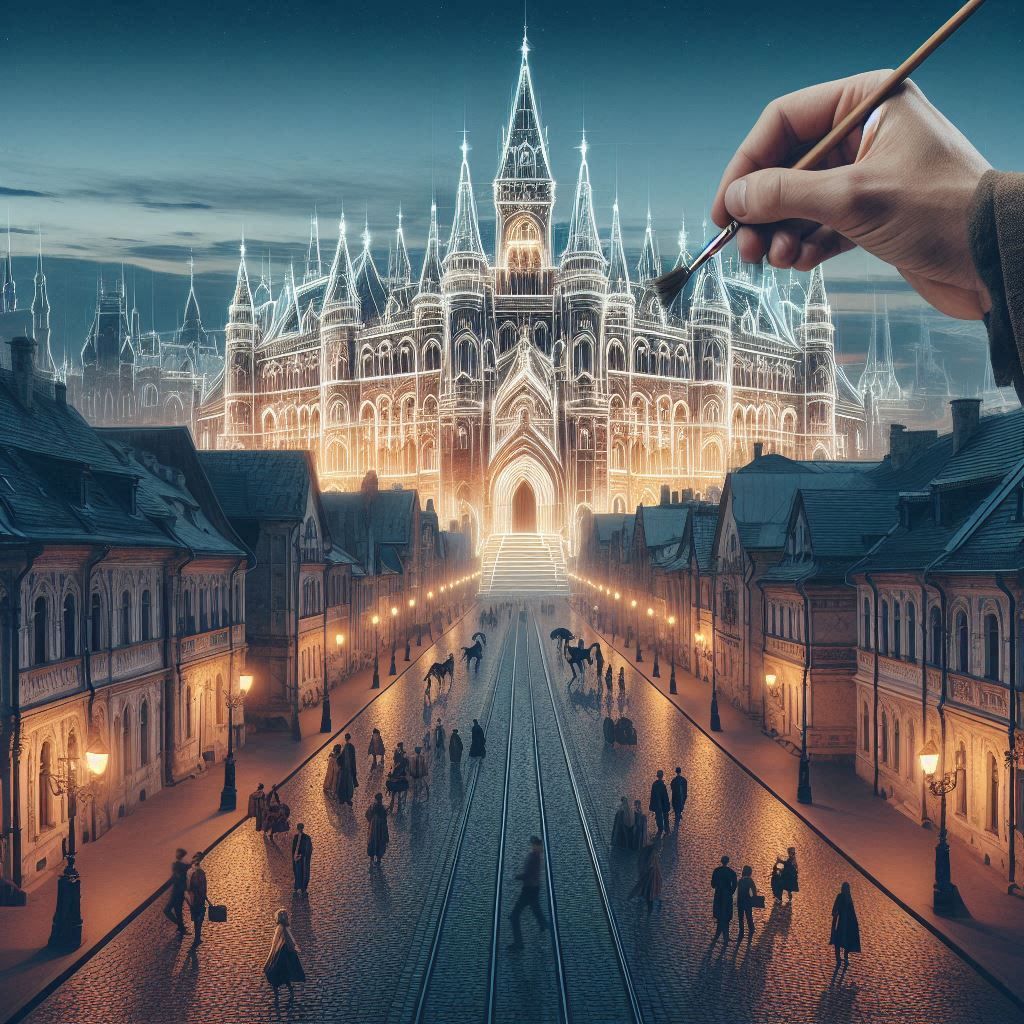 historic european city at dusk. In the center - an illuminated outline of a large castle, which seems to be painted by a giant hand with a brush. People in ancient clothes can be seen on the streets. The image combines reality and fantasy, showing the process of creating art.