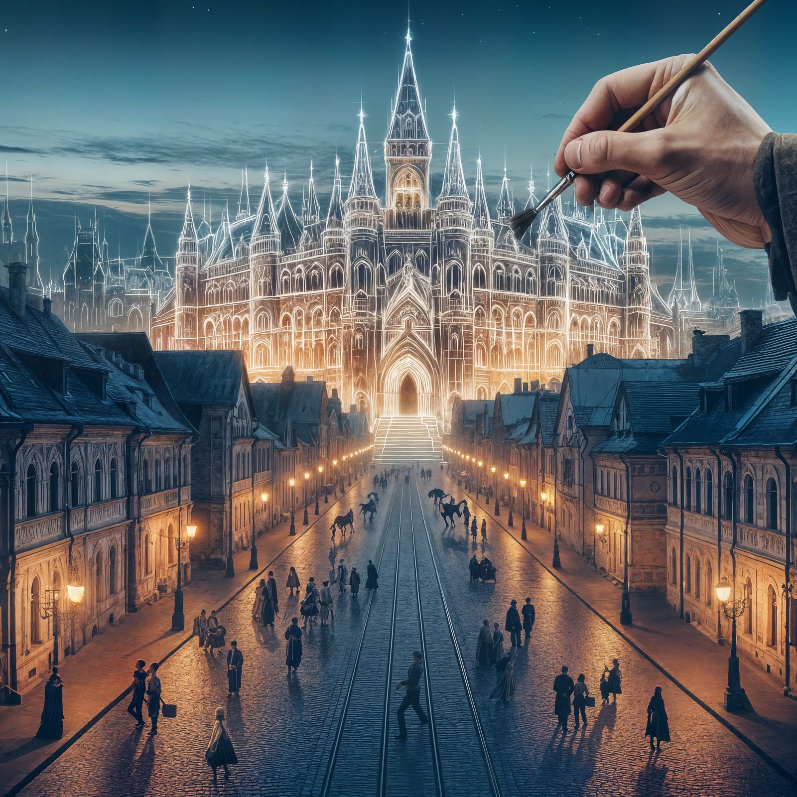 historic european city at dusk. In the center - an illuminat...