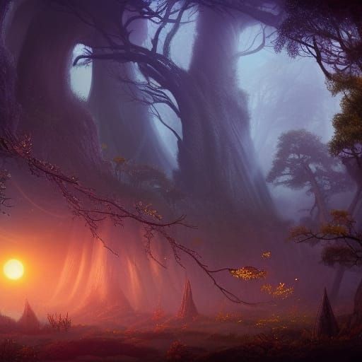 midnigh, moon, magic lights, ancient forest, mushrooms