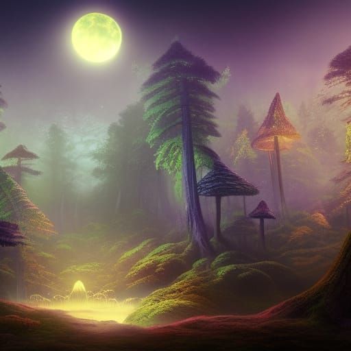 midnigh, moon, magic lights, ancient forest, mushrooms