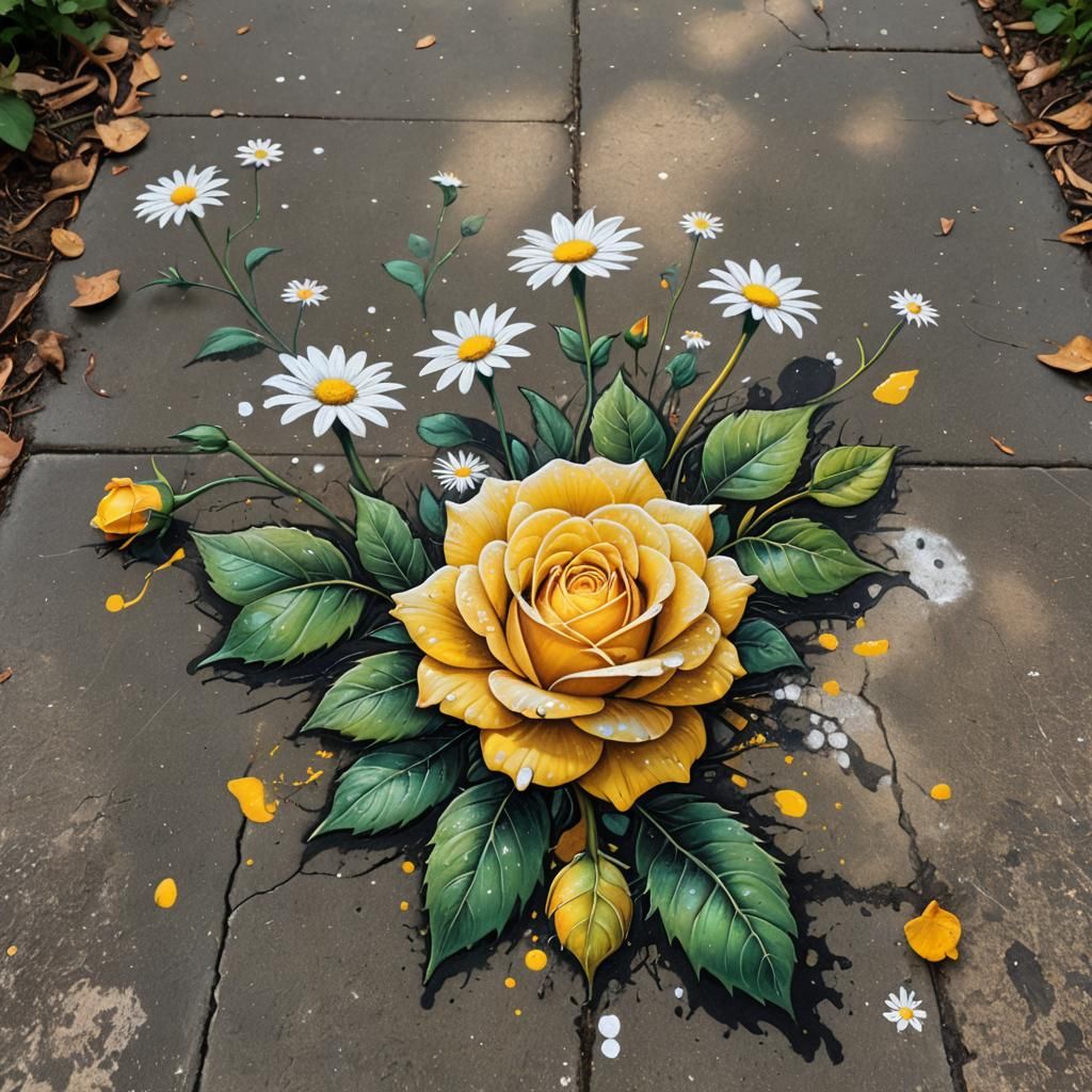 Chalk drawing on the sidewalk, beautiful chalk drawing of a yellow rose ...