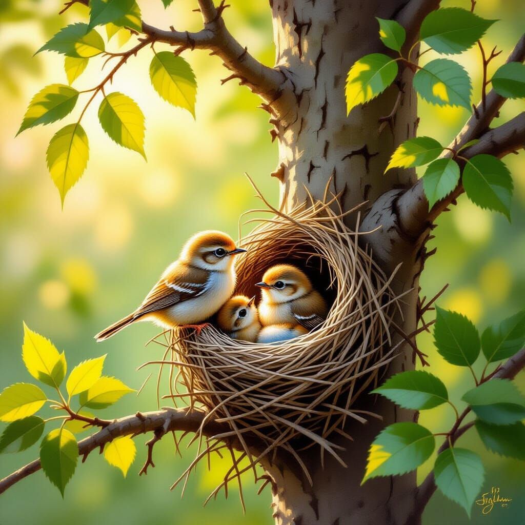 Songbird Feeds Chicks in Nest on Tall Tree