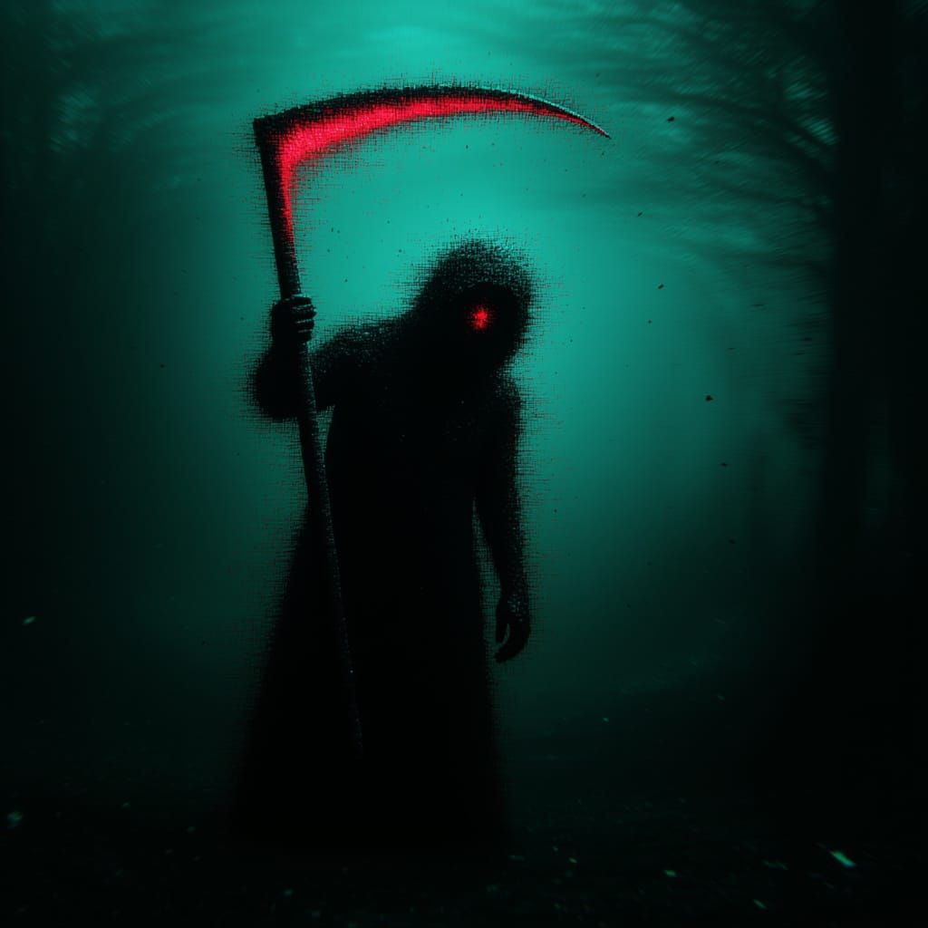  <lora:GlitchFlux MJ6-1:1.3> Cinematic photograph of the Grim Reaper holding his scythe, pixelated glitch art, hazy, nighttime, foggy, cinem...