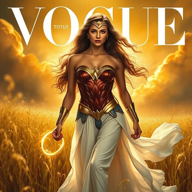 Vogue magazine cover featuring Wonder Woman, goddess-like, s...