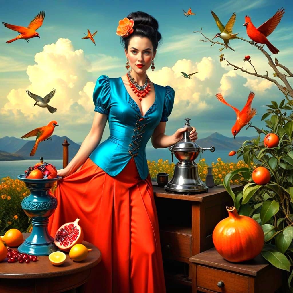 Surreal Woman with Exotic Animals in Vivid Colors