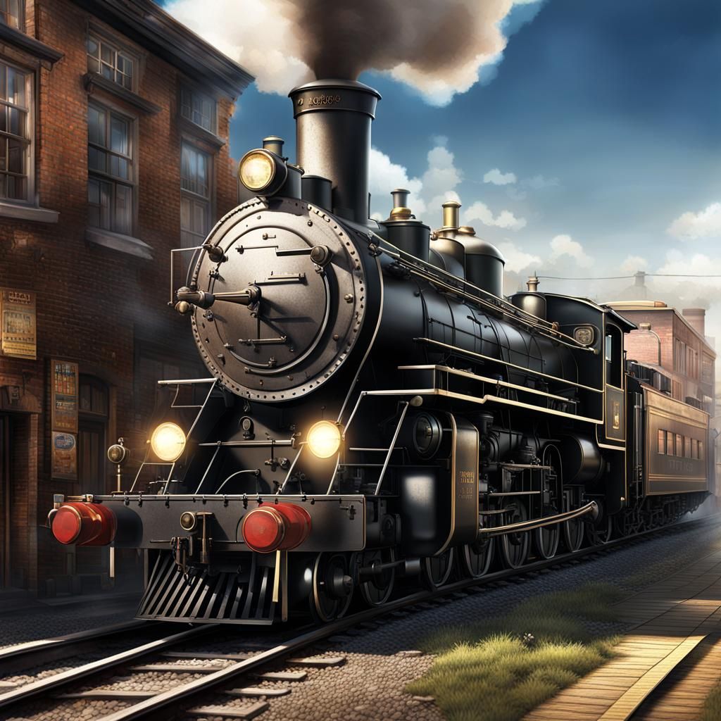 Daylight and bluesky, steam locomotive, town, masterpiece, u...