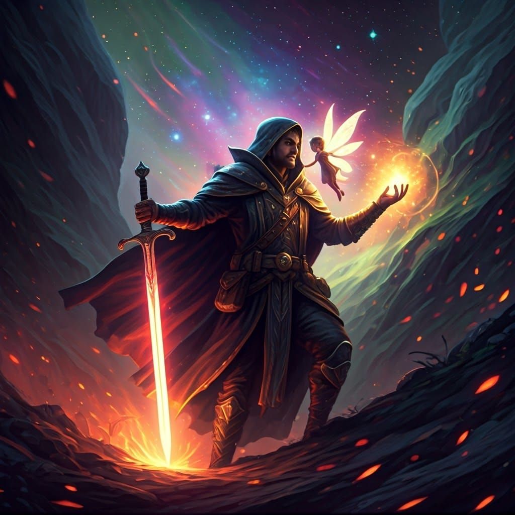 A rpg character. A wizard with a sword, casting a spell with the other hand. In a magical landscape. A little fairy is flying with him by hi...