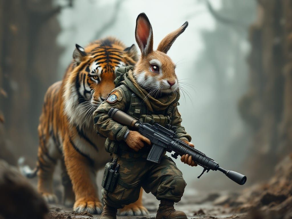 Rabbit Soldier with Rocket Launcher and Tiger in War Zone