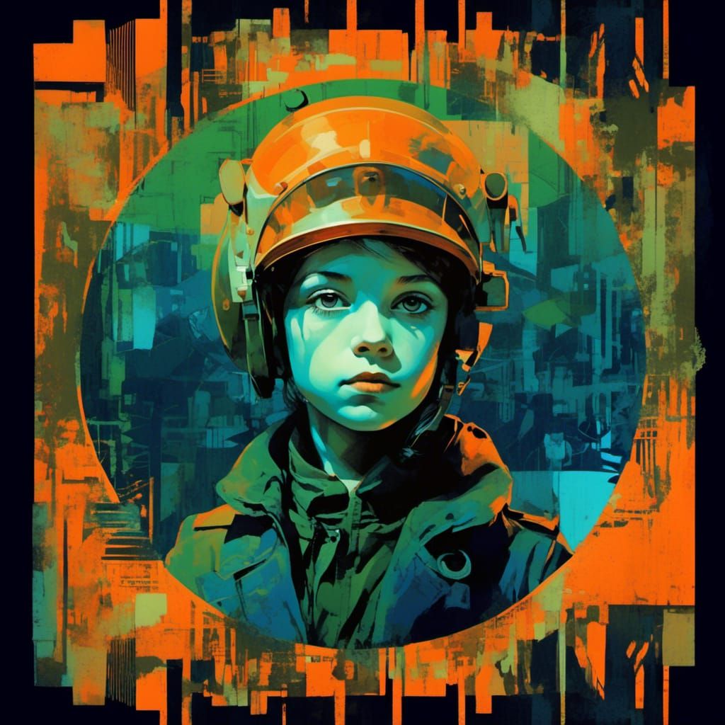 Dieselpunk Girl in Geometric Double Exposure Collage