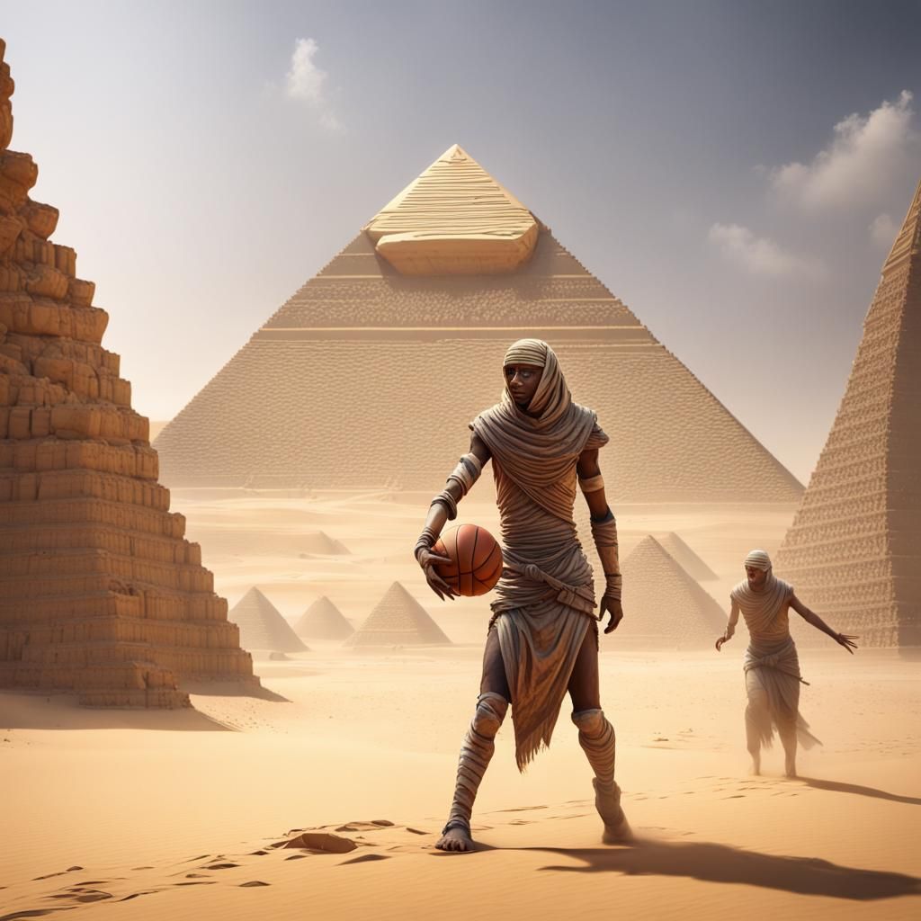 Mummy playing basketball in front of a pyramid in the desert...