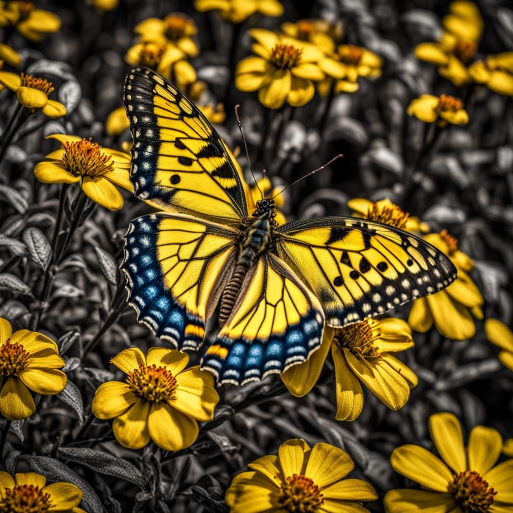 yellow butterfly intricate details, HDR, beautifully shot, hyperrealistic, sharp focus, 64 megapixels, perfect composition, high contrast, c...