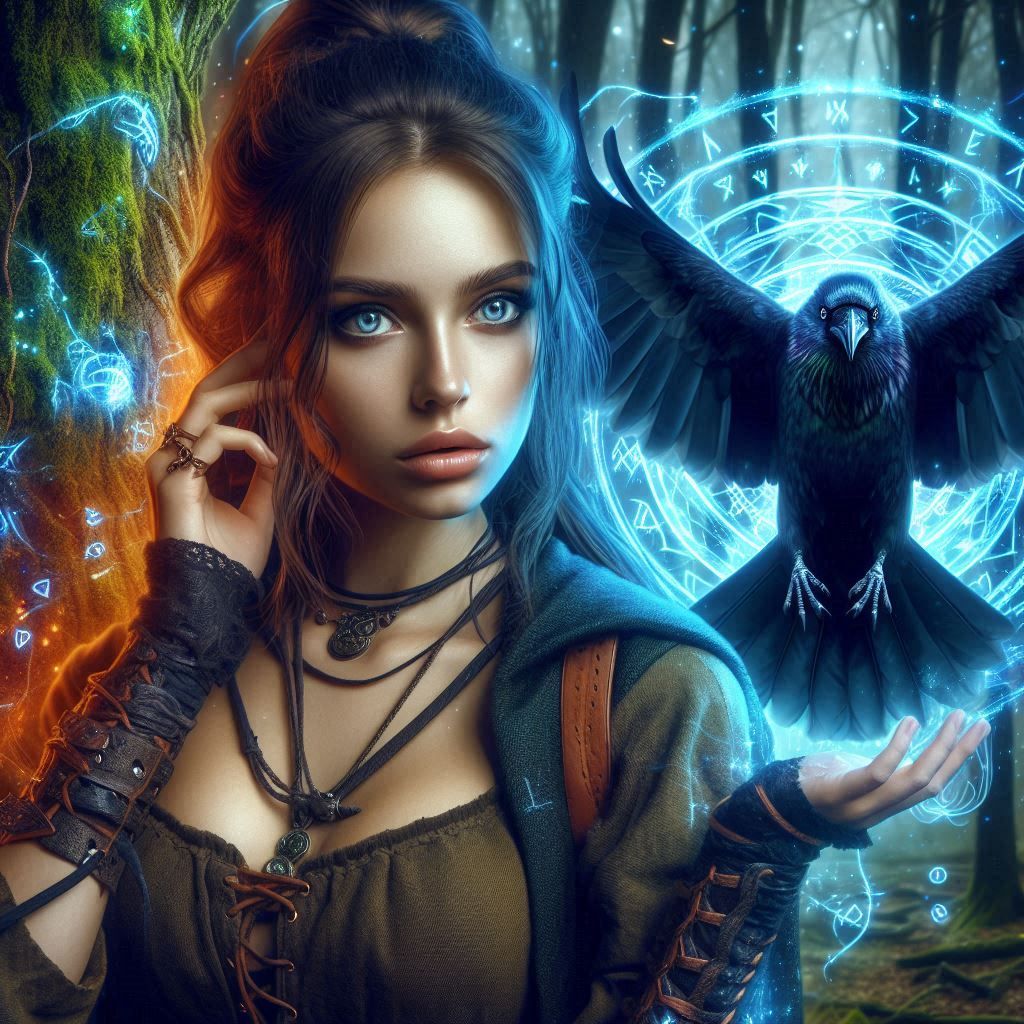 Female druid in a mystic forest, starting to change the form...