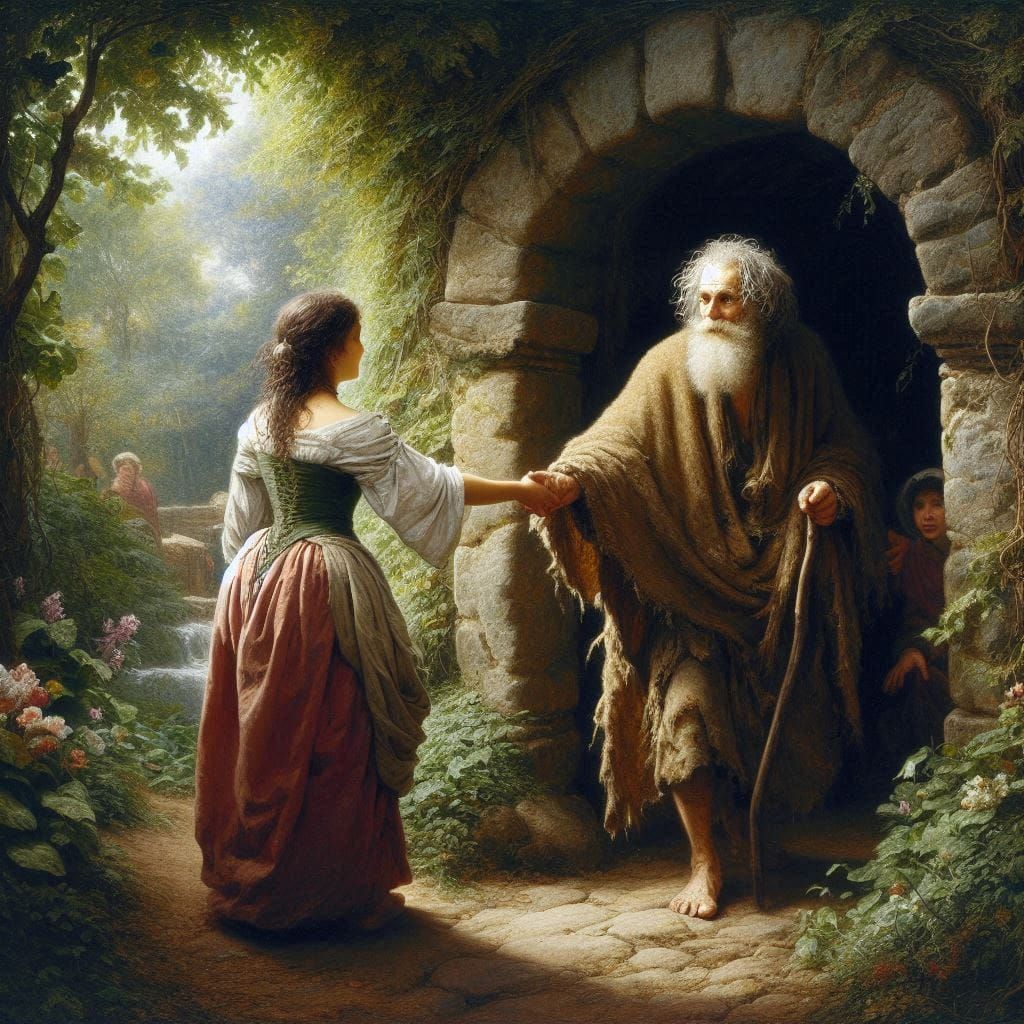 She lead the dishevelled old hermit into a lush green garden...